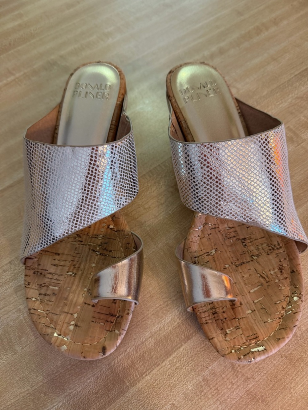 Donald J. Pliner Iridescent Rose Gold Cork Slide Mules